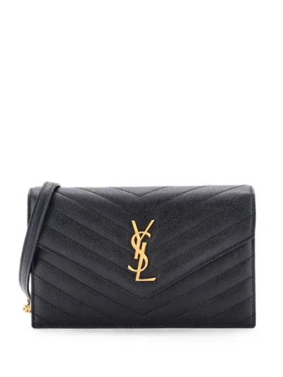Pre-owned Saint Laurent Classic Monogram Wallet On Chain Matelasse Chevron Leather Small Crossbody Bag In Black