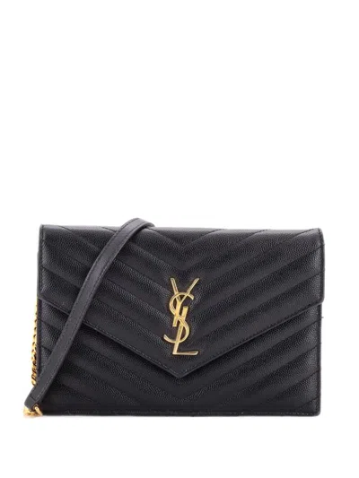 Pre-owned Saint Laurent Classic Monogram Wallet On Chain Matelasse Chevron Leather Small Crossbody Bag In Black
