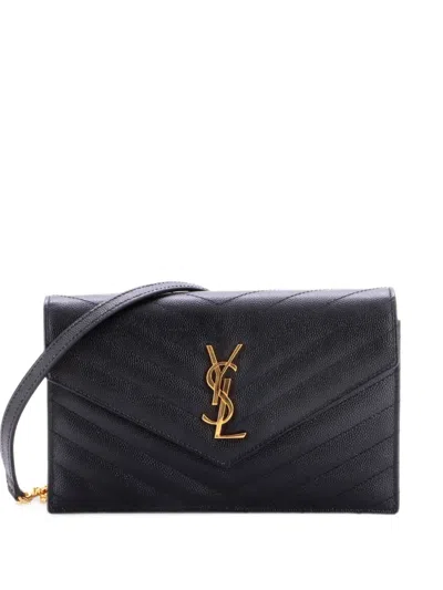 Pre-owned Saint Laurent Classic Monogram Wallet On Chain Matelasse Chevron Leather Small Crossbody Bag In Black