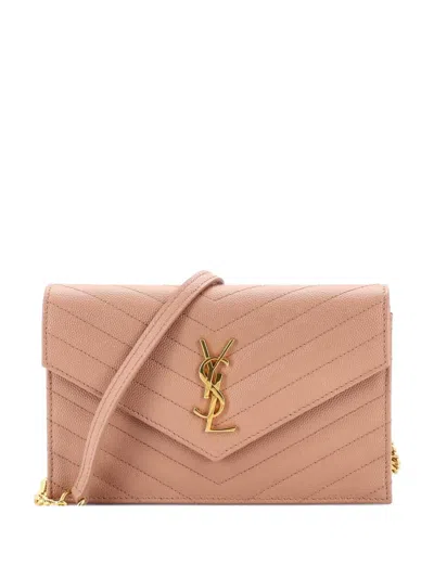 Pre-owned Saint Laurent Classic Monogram Wallet On Chain Matelasse Chevron Leather Small Crossbody Bag In Neutral