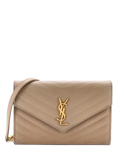 Pre-owned Saint Laurent Classic Monogram Wallet On Chain Matelasse Chevron Leather Small Crossbody Bag In Neutral