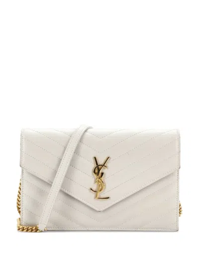 Pre-owned Saint Laurent Classic Monogram Wallet On Chain Matelasse Chevron Leather Small Crossbody Bag In Neutral