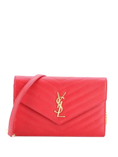 Pre-owned Saint Laurent Classic Monogram Wallet On Chain Matelasse Chevron Leather Small Crossbody Bag In Red