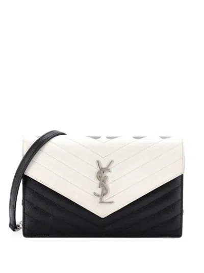 Pre-owned Saint Laurent Classic Monogram Wallet On Chain Matelasse Chevron Leather Small Crossbody Bag In White