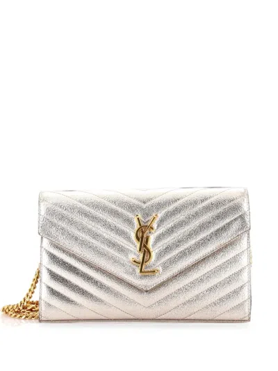 Pre-owned Saint Laurent Classic Monogram Wallet On Chain Matelasse Chevron Metallic Leather Medium Crossbody Bag In Silver