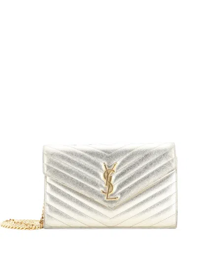 Pre-owned Saint Laurent Classic Monogram Wallet On Chain Matelasse Chevron Metallic Leather Medium Crossbody Bag In Silver