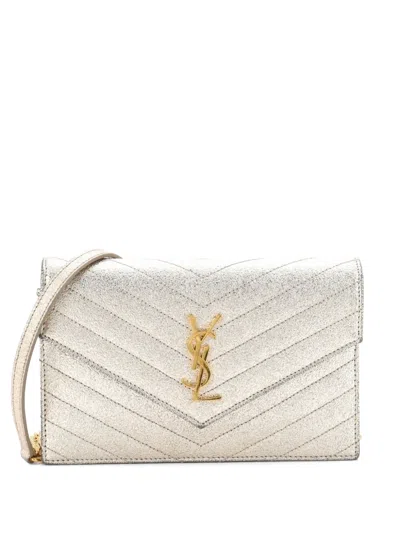 Pre-owned Saint Laurent Classic Monogram Wallet On Chain Matelasse Chevron Metallic Leather Small Crossbody Bag In Gold