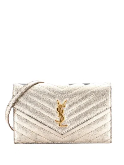 Pre-owned Saint Laurent Classic Monogram Wallet On Chain Matelasse Chevron Metallic Leather Small Crossbody Bag In Silver