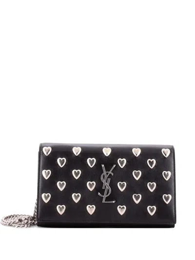 Pre-owned Saint Laurent Classic Monogram Wallet On Chain Studded Leather Crossbody Bag In Black