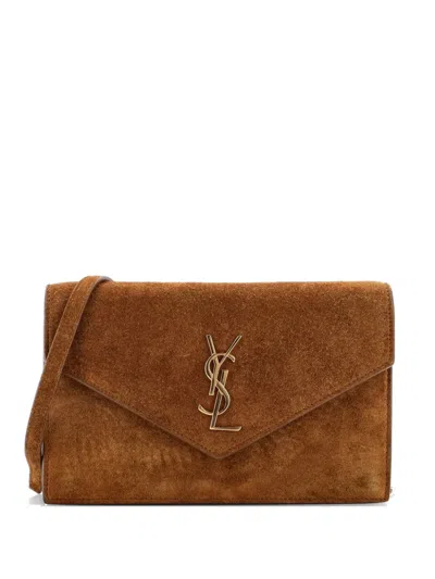 Pre-owned Saint Laurent Classic Monogram Wallet On Chain Suede Small Clutch Bag In Brown