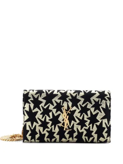 Pre-owned Saint Laurent Classic Monogram Wallet On Chain Woven Fabric Shoulder Bag In Black