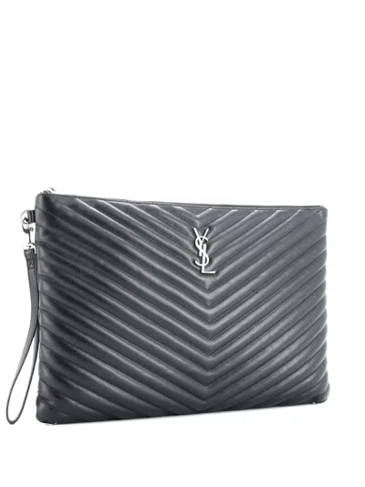 Pre-owned Saint Laurent Classic Monogram Wristlet Pouch Matelasse Chevron Leather Large Clutch Bag In Black