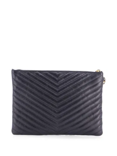 Pre-owned Saint Laurent Classic Monogram Wristlet Pouch Matelasse Chevron Leather Medium Clutch Bag In Black
