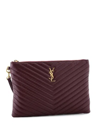 Pre-owned Saint Laurent Classic Monogram Wristlet Pouch Matelasse Chevron Leather Medium Clutch Bag In Red