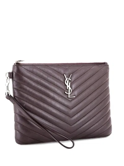 Pre-owned Saint Laurent Classic Monogram Wristlet Pouch Matelasse Chevron Leather Small Clutch Bag In Black