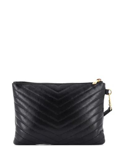 Pre-owned Saint Laurent Classic Monogram Wristlet Pouch Matelasse Chevron Leather Small Clutch Bag In Black