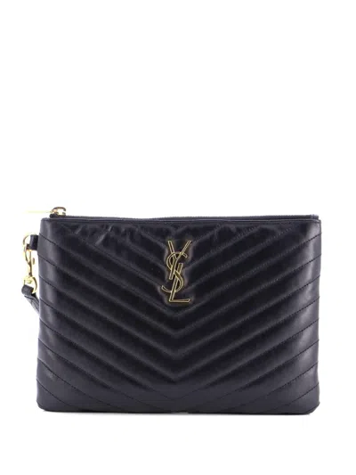 Pre-owned Saint Laurent Classic Monogram Wristlet Pouch Matelasse Chevron Leather Small Clutch Bag In Black