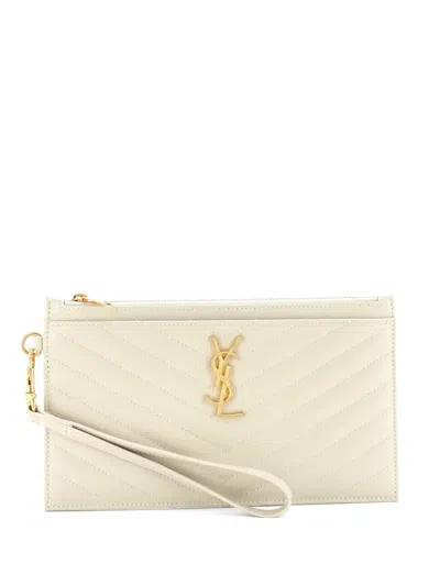 Pre-owned Saint Laurent Classic Monogram Wristlet Pouch Matelasse Chevron Leather Small Clutch Bag In Neutral