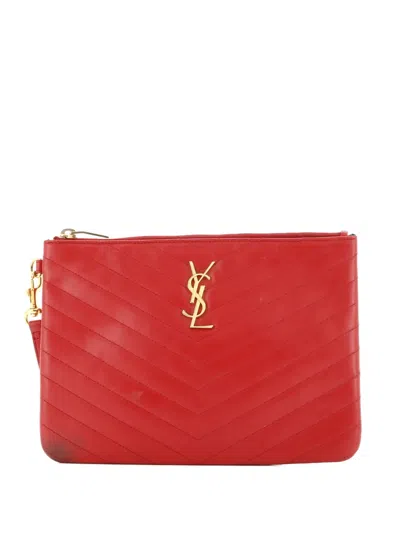 Pre-owned Saint Laurent Classic Monogram Wristlet Pouch Matelasse Chevron Leather Small Clutch Bag In Red