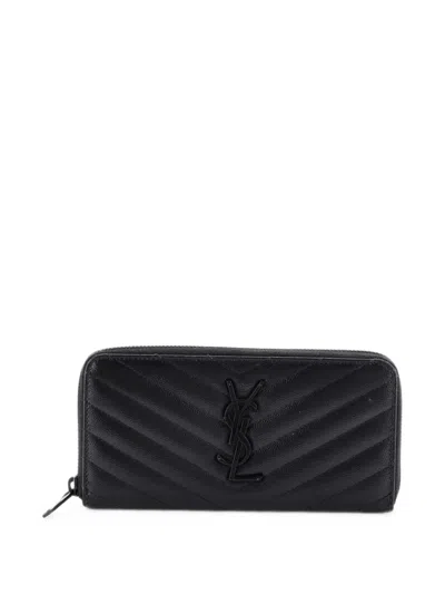 Pre-owned Saint Laurent Classic Monogram Zip Around Wallet Matelasse Chevron Leather Small Wallets In Black