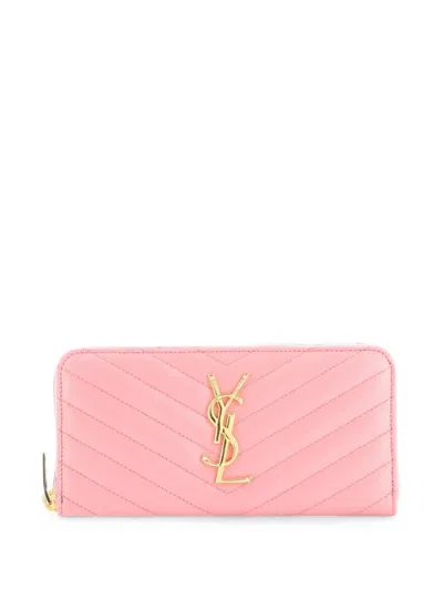 Pre-owned Saint Laurent Classic Monogram Zip Around Wallet Matelasse Chevron Leather Small Wallets In Pink