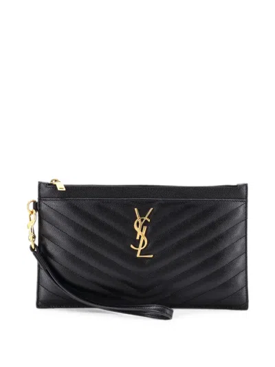 Pre-owned Saint Laurent Classic Monogram Zip Bill Matelasse Chevron Leather Large Pouch In Black