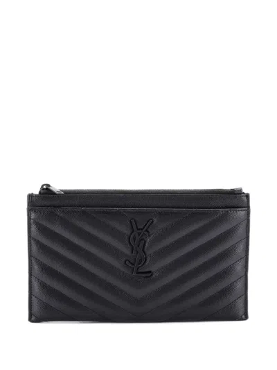 Pre-owned Saint Laurent Classic Monogram Zip Bill Matelasse Chevron Leather Medium Pouch In Black