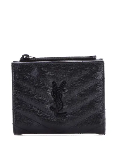 Pre-owned Saint Laurent Classic Monogram Zipped Case Matelasse Chevron Leather Card Holder In Black