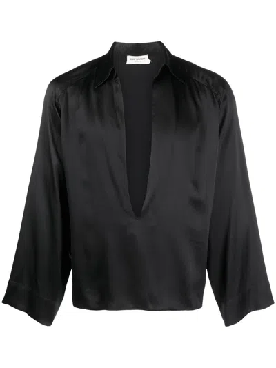 Saint Laurent Classic Noir Button-up Silk Shirt For Men