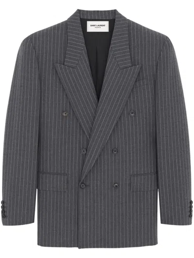 Saint Laurent Classic Pinstripe Double Breasted Blazer In Grey
