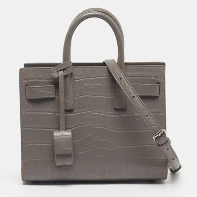 Pre-owned Saint Laurent Classic Sac De Jour Nano Croc Embossed Leather Tote In Gray