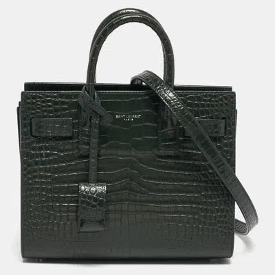 Pre-owned Saint Laurent Classic Sac De Jour Nano Dark Green Croc Embossed Leather Tote