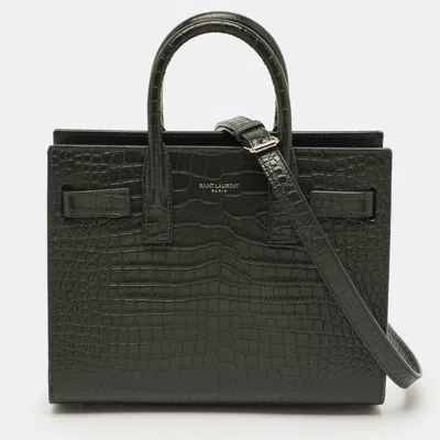 Pre-owned Saint Laurent Classic Sac De Jour Nano Green Croc Embossed Leather Tote