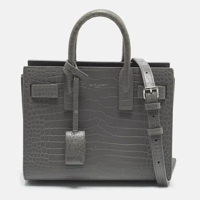 Pre-owned Saint Laurent Classic Sac De Jour Nano Grey Croc Embossed Leather Tote In Gray