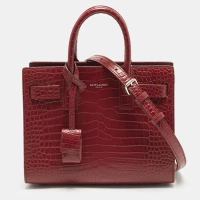 Pre-owned Saint Laurent Classic Sac De Jour Nano Red Croc Embossed Leather Tote