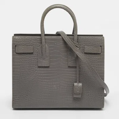 Pre-owned Saint Laurent Classic Sac De Jour Small Grey Croc Embossed Leather Tote In Gray
