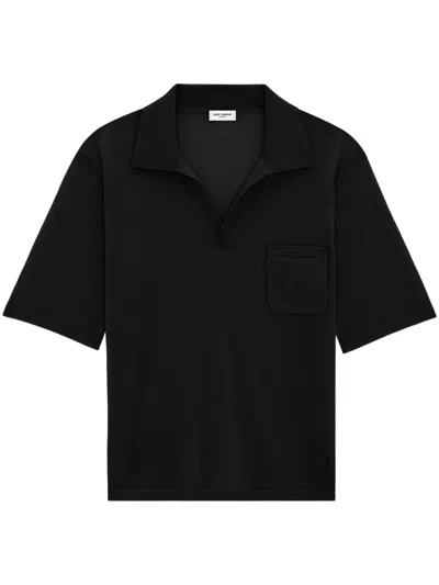 Saint Laurent Classic Short-sleeved Black Polo Shirt With Embroidered Cassandre Detail