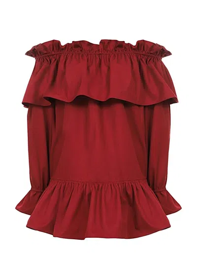 Saint Laurent Off-the-shoulder Ruffled Cotton-twill Mini Dress In Red