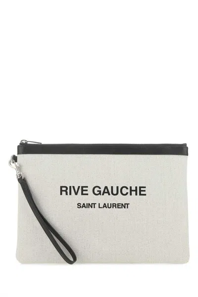 Saint Laurent Man Sand Canvas Rive Gauche Clutch In Brown