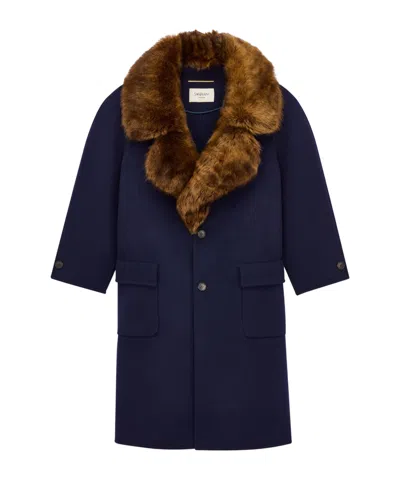 Saint Laurent Coat In Wool And Shearling In Blue