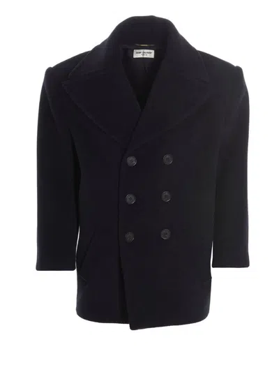 Saint Laurent Double-breasted Wool Coat In Blue