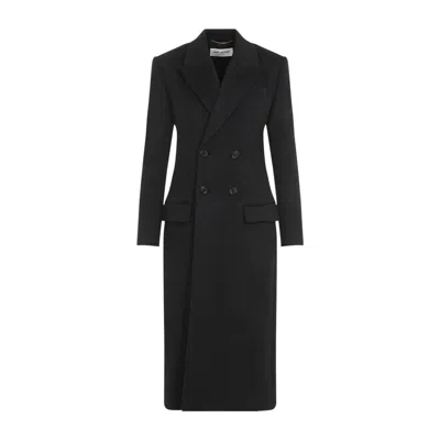 Saint Laurent Slate Wool And Cashmere Coat In Grey