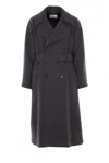 Saint Laurent Double-breasted Long Coat In Grain De Poudre In Gray