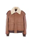 Saint Laurent Bomber Jacket In Hammered Leather And Shearling In Neutral