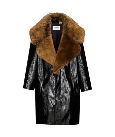 Saint Laurent Cocoon Coat In Lacquered Canvas And Shearling In Black
