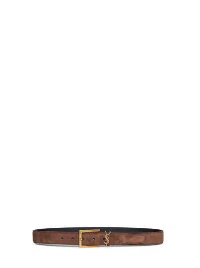Saint Laurent Coffee Brown Suede Cassandre Belt