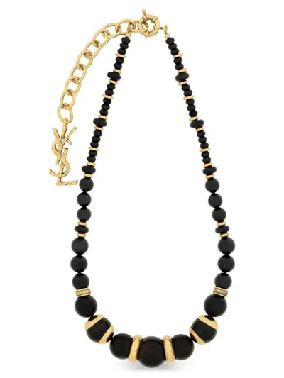 Saint Laurent Loulou Bead Necklace In Wood, Resin, And Metal In Black