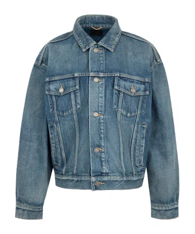 Saint Laurent Collared Long-sleeved Denim Jacket In Blue