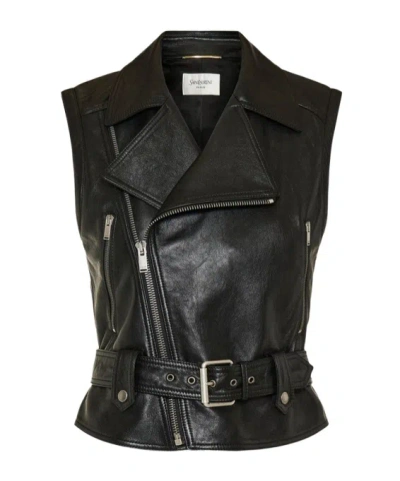 Saint Laurent Collarless Sleeveless Vest In Black