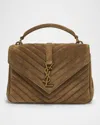 Saint Laurent College Medium Flap Ysl Shoulder Bag In Quilted Suede In Golden Leaf
